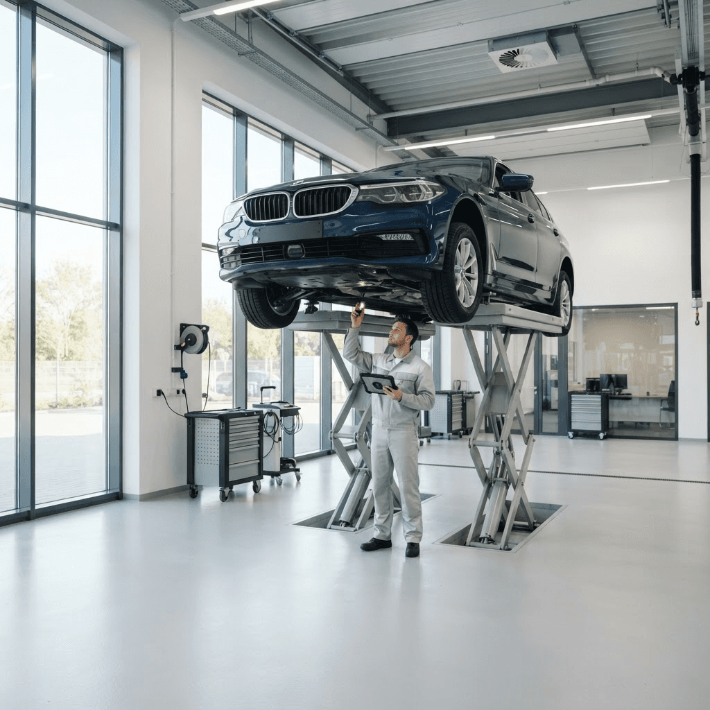 Technical inspection of a vehicle on a workshop lift